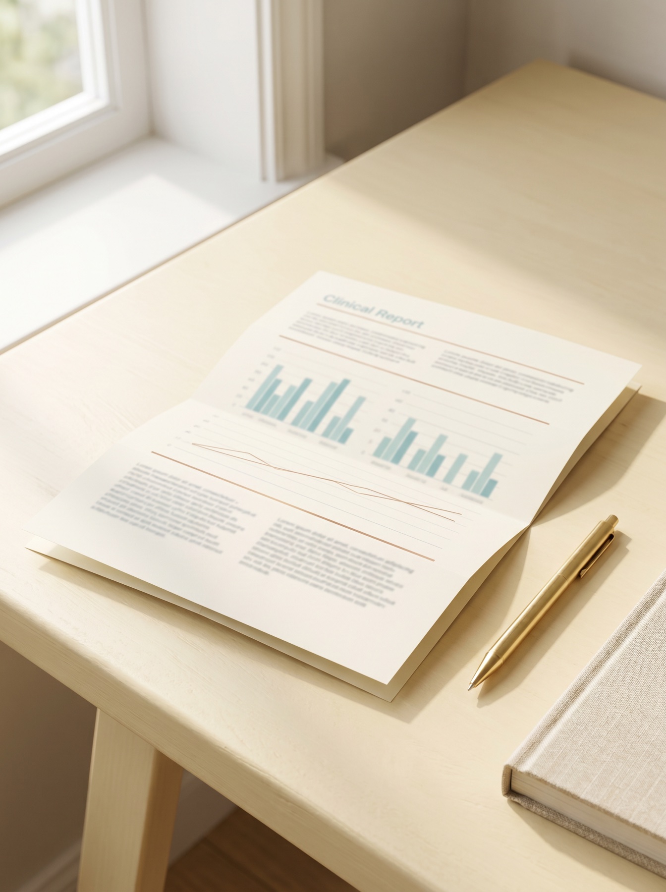 An open clinical report with teal charts and copper rule lines lying on a warm ivory desk beside a brass pen, lit by soft window light